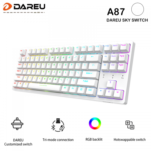 Official Dareu A87 Tri-mode Connection 100% Hotswap RGB LED Backlit Mechanical Gaming Keyboard-Pearl White